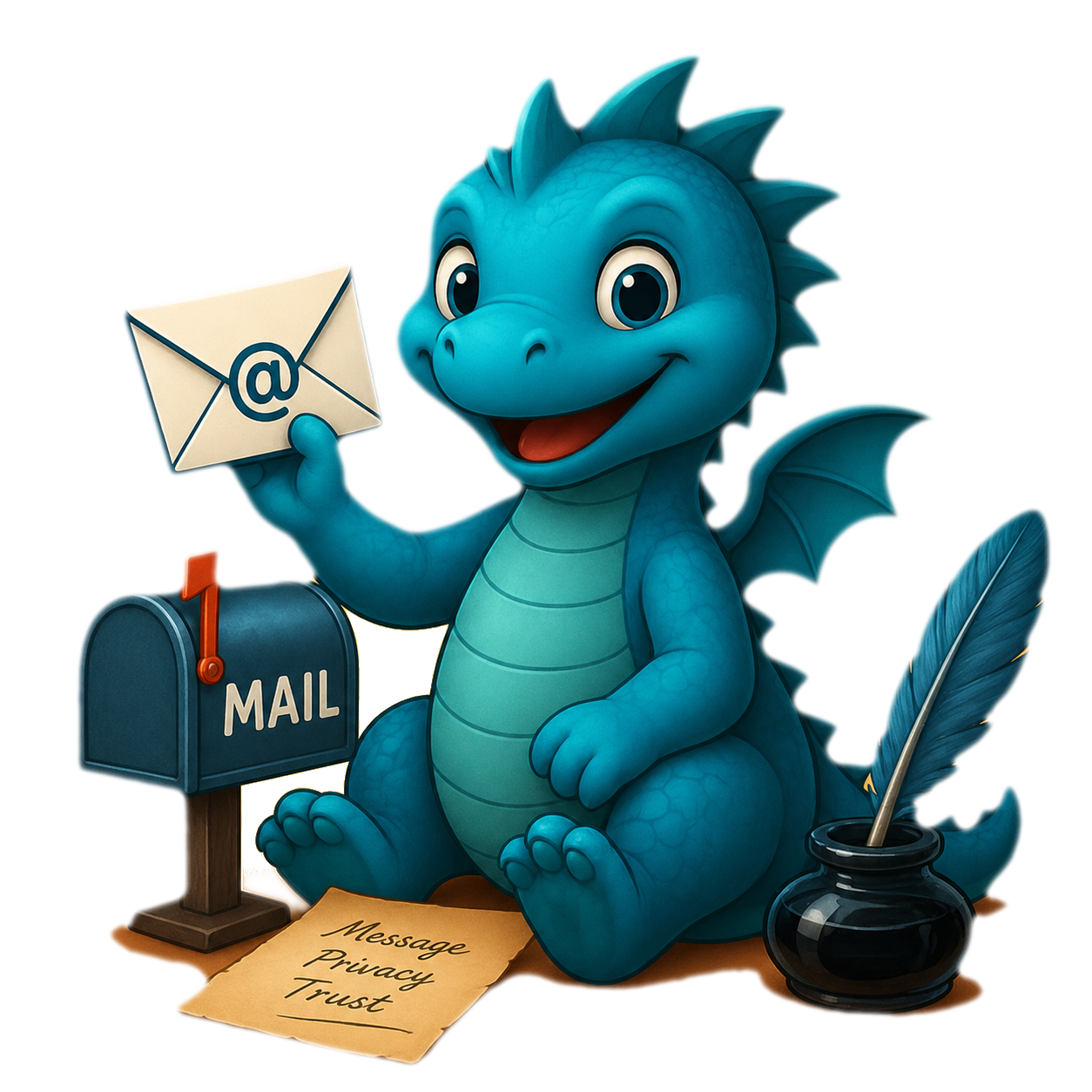 Friendly ZeroDNS mascot holding an email envelope next to a small mailbox.
